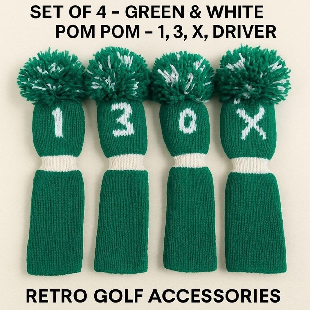 Retro Green & White Pom Pom Golf Club Head Covers‎ Set of 4 1 3 X Driver